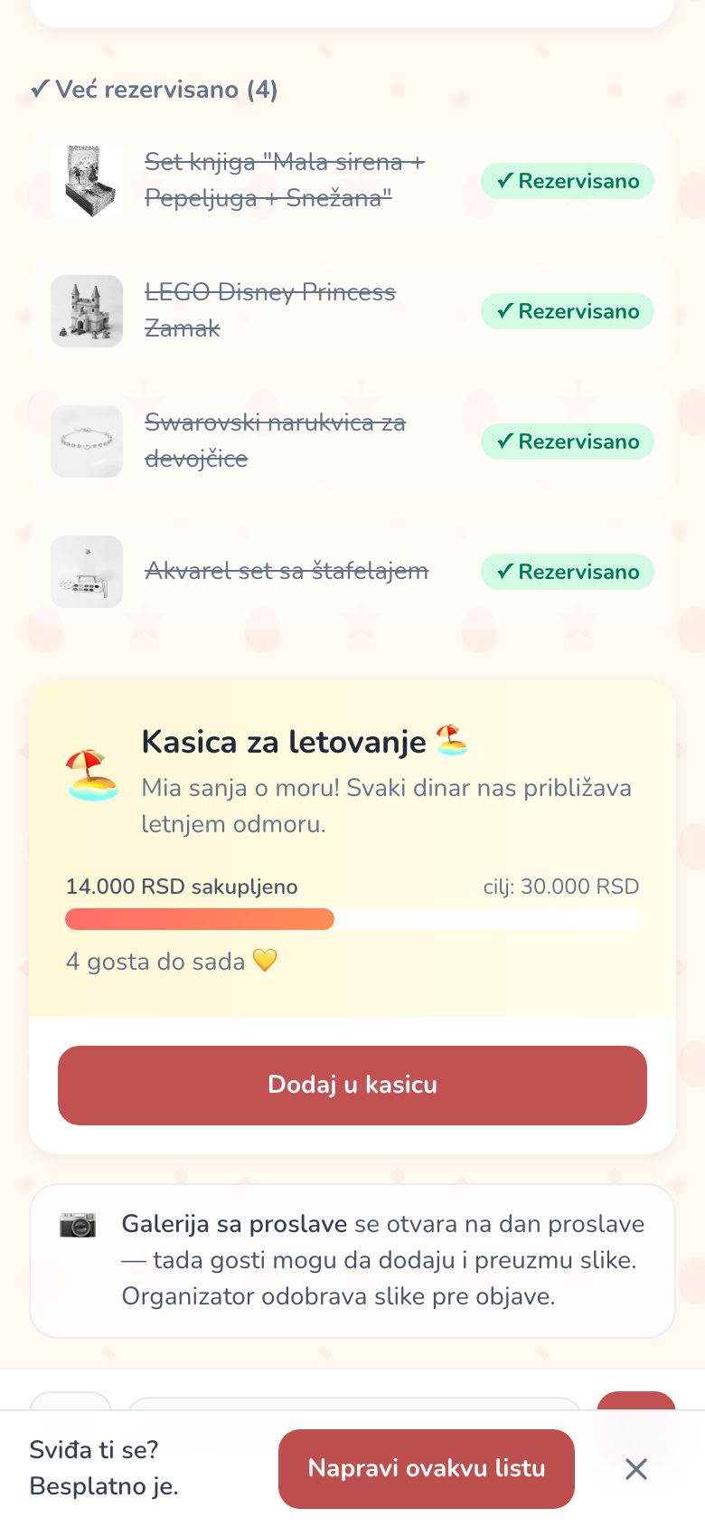 Kasica za novac na Giftiću: cilj, skupljeni iznos i dugme Dodajte u kasicu